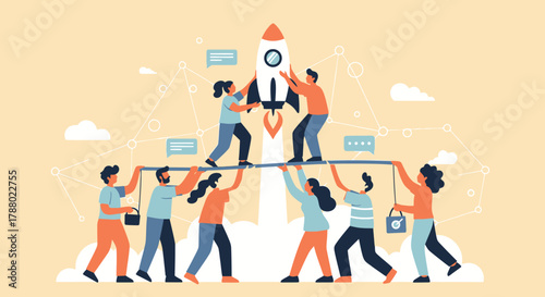 Teamwork launching a rocket, symbolizing startup success and collaborative effort.