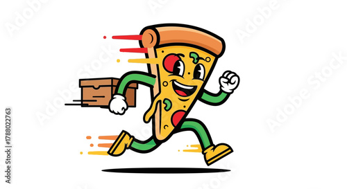 Cartoon pizza slice running with a pizza box, delivering pizza.