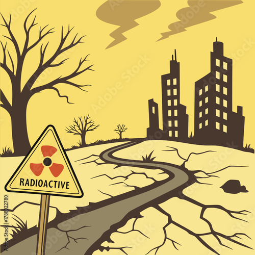 Adobe Illustrator Artwork: An illustration of a nuclear disaster, suggesting an area affected by toxic radiation