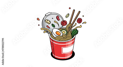 Illustration of a cup of instant noodles with toppings and chopsticks.