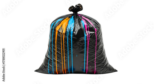 A transparent trash bag filled with colorful dripping paint against a stark black background
