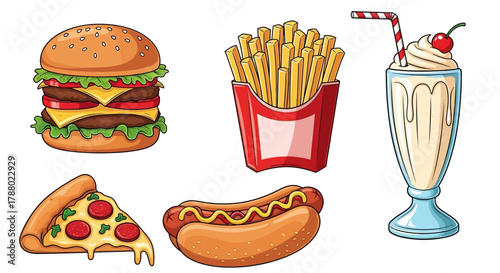 Cartoon illustration of fast food items including burger, fries, milkshake, pizza, and hot dog.