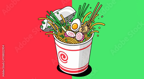 Illustration of a cup of ramen noodles with toppings on a split red and green background.
