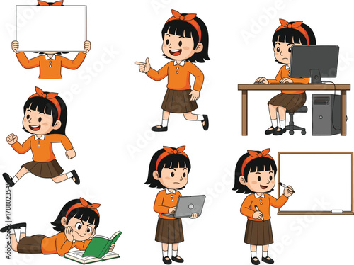 Cartoon schoolgirl illustration, educational activities, reading, computer, walking, running, pointing, holding sign, laptop, whiteboard, vector design, playful style, classroom scenes