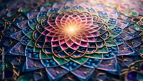 Vibrant Colorful Mandala with Glowing Center, Spiritual Symbolism, Chakra Energy & Cosmic Harmony Design
