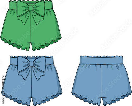 Cartoon shorts illustration, scalloped edges, bow detail, green and blue colors, girls fashion, flat lay, front and back view, vector design, apparel set