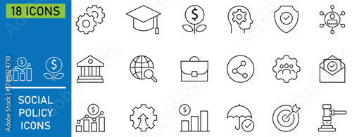 Collation of social policy line icon set. Containing as equality, justice, human rights,  education, economic, economic growth, global rights and more. Public services concepts. Vector illustration. 