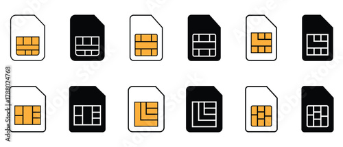 Collation of sim card icon set. Sim icon in different style. Mobile, phone, network, communication  technology and more. Sim cards in color outline and solid black versions. Vector illustration.
