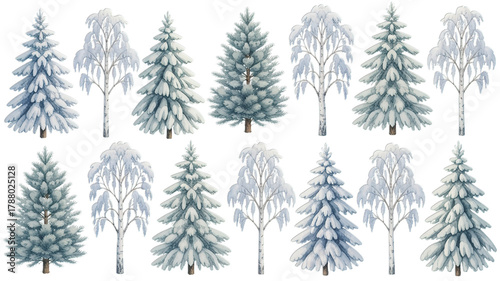 Stunning winter forest collection featuring snow-covered pine trees and elegant birch trees for festive designs