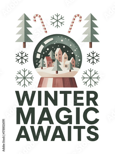 Experience enchanting winter magic with charming snow globe, festive trees, and candy canes, inviting cozy holiday cheer.