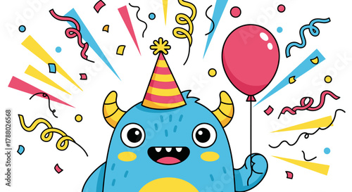 Cartoon monster with party hat and balloon surrounded by confetti and streamers.