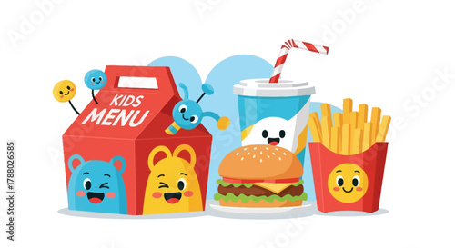 Illustration of a kids meal with burger, fries, drink and a box with cartoon characters.
