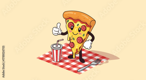 Cartoon pizza slice with a drink giving a thumbs up on a picnic blanket.