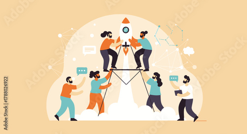 Team launching a rocket, symbolizing startup success and collaboration.