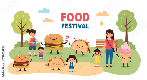 Food festival illustration with happy cartoon food characters and people enjoying the event.