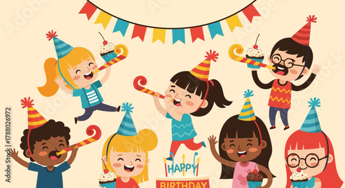 Cartoon children celebrating birthday with hats, cupcakes, and party favors.
