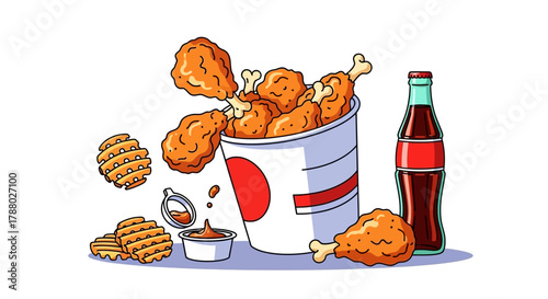 Bucket of fried chicken, chips, and a bottle of soda illustration.