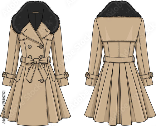 Trench coat illustration, beige winter fashion, double-breasted design, faux fur collar, pleated back, belt detail, front and back view, stylish outerwear, vector sketch
