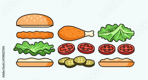 Exploded view of a chicken sandwich with bun, lettuce, tomato, pickles, and chicken.