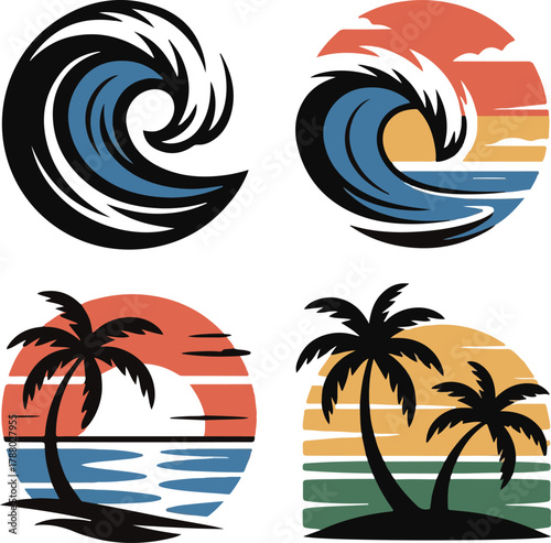 PrinColorful Ocean Waves and Sunset Striped Background Graphicst