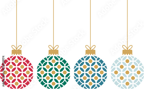 Hanging geometric christmas balls vector, modern holiday ornaments background