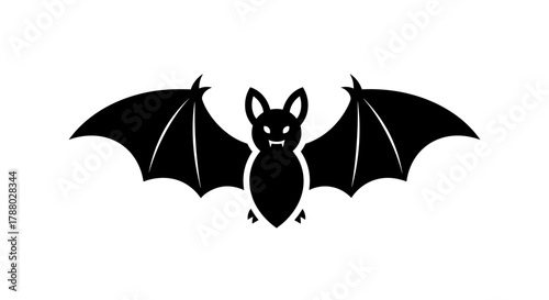 Black Bat Silhouette with Spread Wings on White Background.