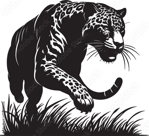 Leaping Leopard Silhouette in Grass – Stylized Wildlife Motion Art