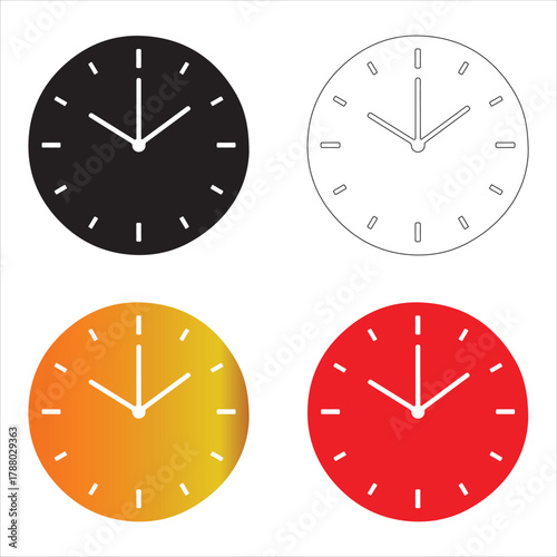 Minimalist set of four clock icons in diverse colors and styles