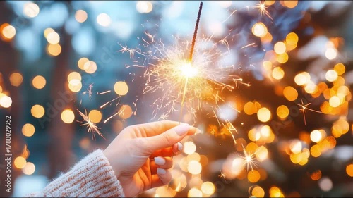 Hand holding a sparkler igniting in a festive atmosphere, surrounded by glowing bokeh lights, capturing the joy of celebration, camera zooms in for detail