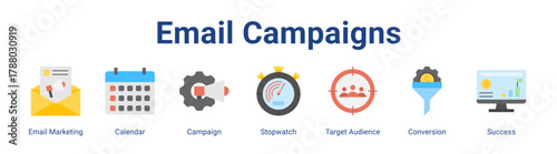 Email Campaigns web icon vector illustration concept with icon of Email Marketing, Calendar, Campaign, Stopwatch, Target Audience, Conversion, Success.