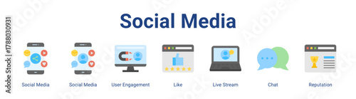 Social Media web icon vector illustration concept with icon of Social Media, Social Media, User Engagement, Like, Live Stream, Chat, Reputation.