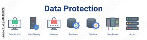 Data Protection web icon vector illustration concept with icon of Data Security, Data Security, Password, Database, Database, Data Center, Server.