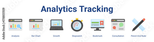 Analytics Tracking web icon vector illustration concept with icon of Analysis, Bar Chart, Growth, Stopwatch, Bookmark, Consultation, Pencil And Ruler.