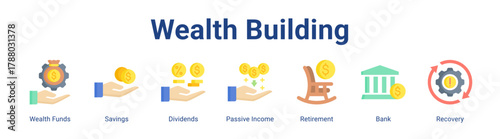 Wealth Building web icon vector illustration concept with icon of Wealth Funds, Savings, Dividends, Passive Income, Retirement, Bank, Recovery.