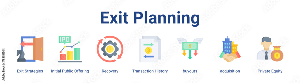 Fototapeta premium Exit Planning web icon vector illustration concept with icon of Exit Strategies, Initial Public Offering, Recovery, Transaction History, buyouts, acquisition, Private Equity.