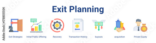 Exit Planning web icon vector illustration concept with icon of Exit Strategies, Initial Public Offering, Recovery, Transaction History, buyouts, acquisition, Private Equity.