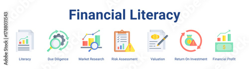Financial Literacy web icon vector illustration concept with icon of Literacy, Due Diligence, Market Research, Risk Assessment, Valuation, Return On Investment, Financial Profit.