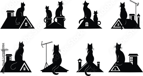 Cat silhouettes on rooftops, urban night scene, feline pose, chimney, antenna, window, peaceful mood, vector art, minimal design, pet theme