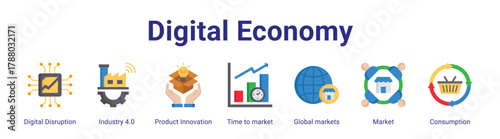 Digital Economy web icon vector illustration concept with icon of Digital Disruption, Industry 4.0, Product Innovation, Time to market, Global markets, Market, Consumption.