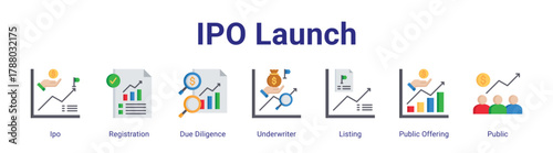 Ipo Launch web icon vector illustration concept with icon of Ipo,Registration,Due Diligence,Underwriter,Listing,Public Offering,Public.