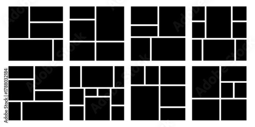 Set of 8 different empty square photo collage templates. Photo gallery mosaic collage