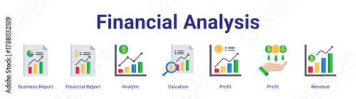Financial Analysis web icon vector illustration concept with icon of Business Report,Financial Report,Analytic,Valuation,Profit,Profit,Revenue.