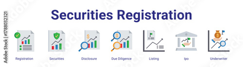Securities Registration web icon vector illustration concept with icon of Registration,Securities,Disclosure,Due Diligence,Listing,Ipo,Underwriter.