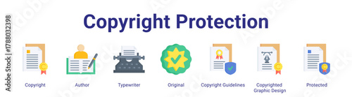 Copyright Protection web icon vector illustration concept with icon of Copyright,Author,Typewriter,Original,Copyright Guidelines,Copyrighted Graphic Design,Protected.
