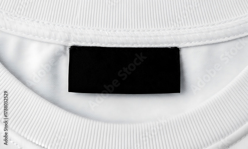 Close Up Neckline Of White T-Shirt With Blank Black Label For Branding Design Ideas Mock Up And Product Information Details