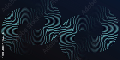 Blue abstract background with glowing circles. Swirl circular lines pattern. Geometric spiral. Twirl element. Modern graphic design