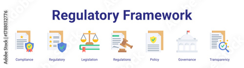 Regulatory Framework web icon vector illustration concept with icon of Compliance,Regulatory,Legislation,Regulations,Policy,Governance,Transparency.
