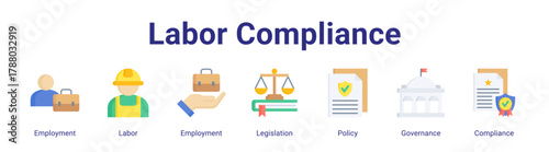 Labor Compliance web icon vector illustration concept with icon of Employment,Labor,Employment,Legislation,Policy,Governance,Compliance.