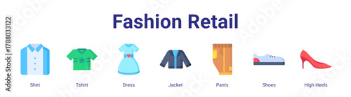 Fashion Retail web icon vector illustration concept with icon of Shirt,Tshirt,Dress,Jacket,Pants,Shoes,High Heels.