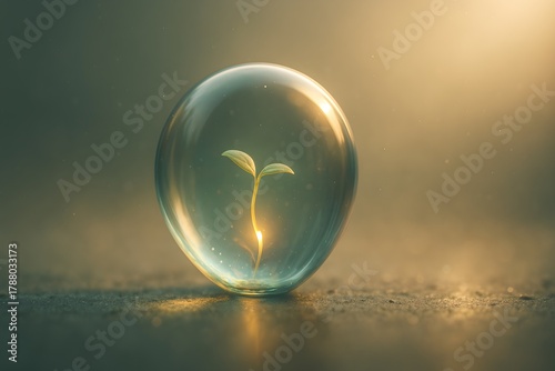 Young Seedling Growing Inside Transparent Glass Bubble – Concept of Sustainability, Growth, and Protection